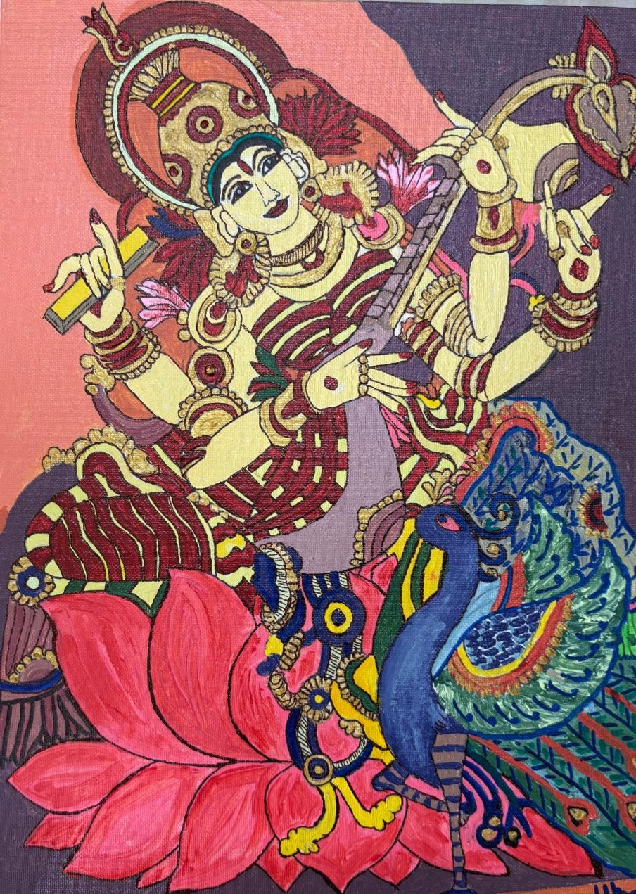 Goddess Saraswati is the revered Hindu deity of knowledge, music, arts, wisdom, and learning, , she represents the principle of creation alongside Brahma.  seated on a lotus or swan, holding a Veena, book, and mala. 